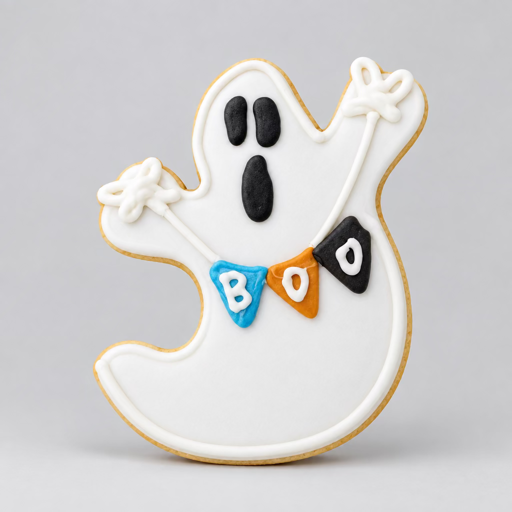A white ghost-shaped cookie or decoration with black eyes and mouth, raised arms, and a colorful 'BOO' banner across the waist, placed on a light wood surface.